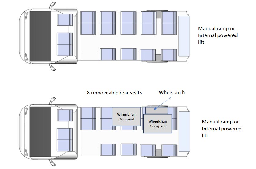 Two seating layout diagrams for an accessible minibus showing standard configuration versus a layout with 8 removable rear seats to fit two wheelchair occupants.
